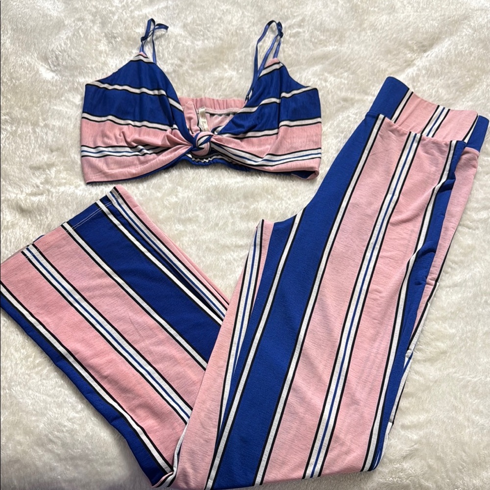 Chic Pink and Blue Pantsuit with Striking Stripes